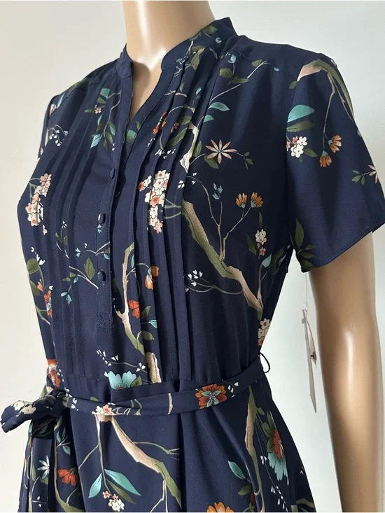 (NWT) NANETTE LEPORE Navy Floral Print Pintuck Dress - Picture 3 of 16